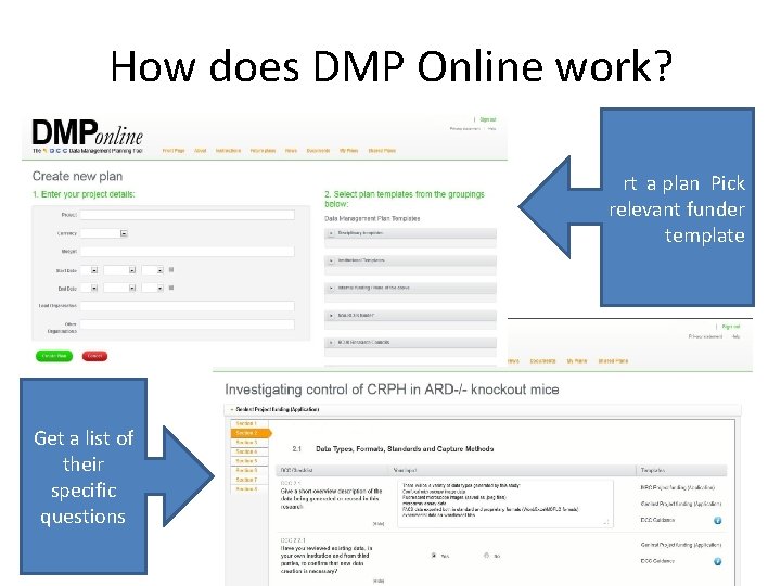 How does DMP Online work? rt a plan Pick relevant funder template Get a