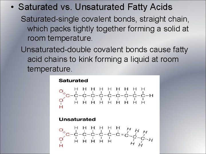 • Saturated vs. Unsaturated Fatty Acids Saturated-single covalent bonds, straight chain, which packs • Saturated vs. Unsaturated Fatty Acids Saturated-single covalent bonds, straight chain, which packs