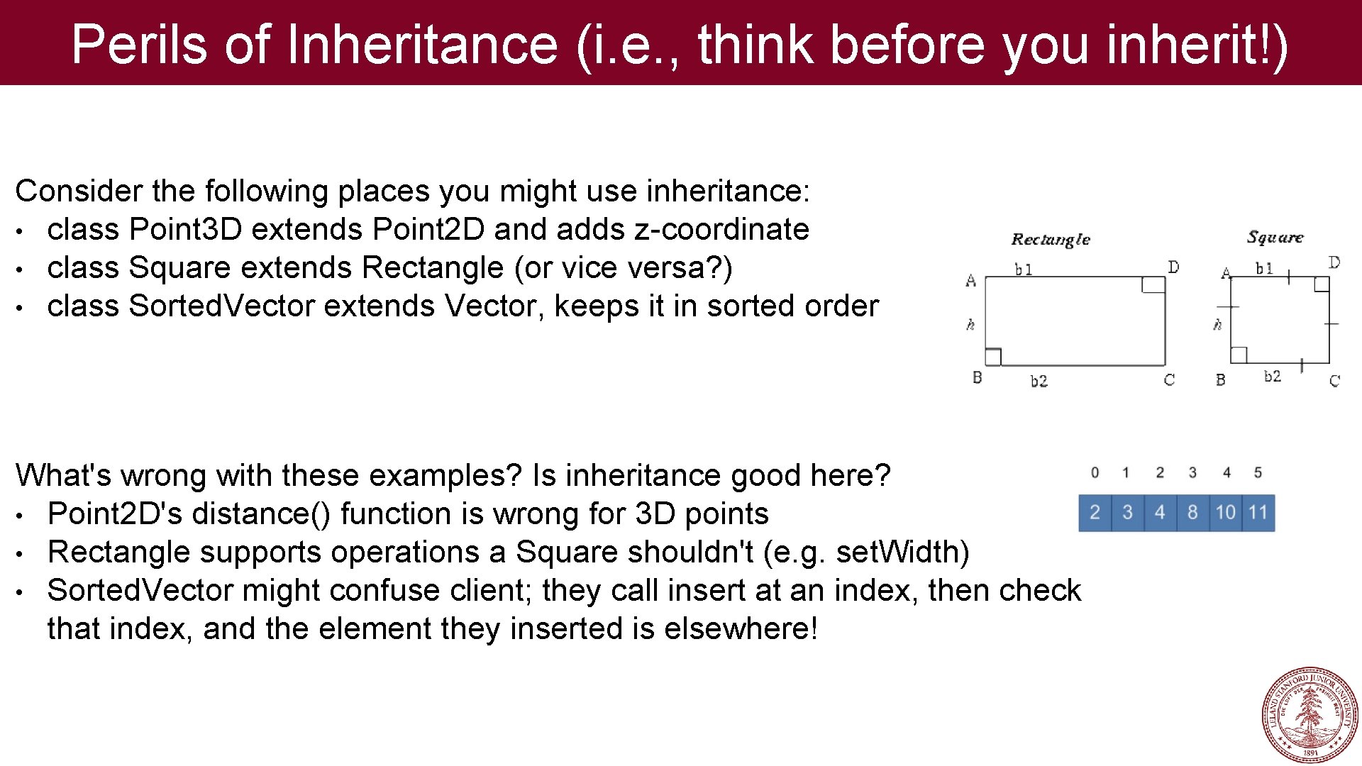 Perils of Inheritance (i. e. , think before you inherit!) Consider the following places