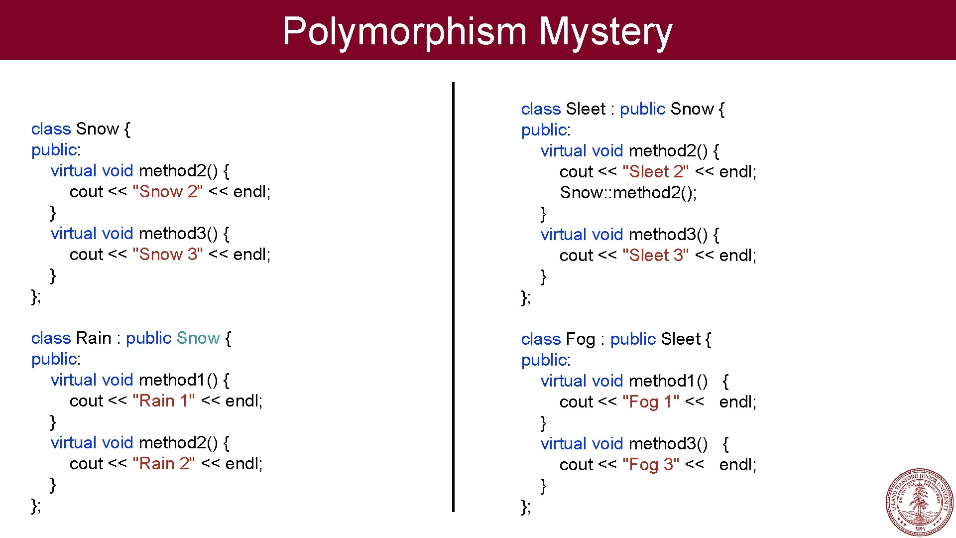 Polymorphism Mystery class Snow { public: virtual void method 2() { cout << "Snow