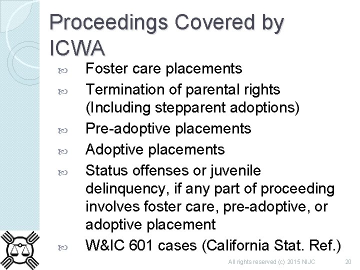 Proceedings Covered by ICWA Foster care placements Termination of parental rights (Including stepparent adoptions)