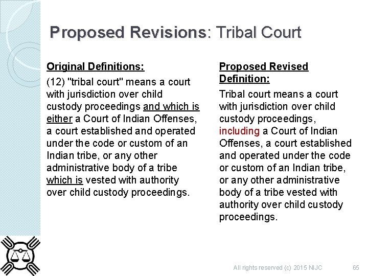 Proposed Revisions: Tribal Court Original Definitions: (12) ''tribal court'' means a court with jurisdiction