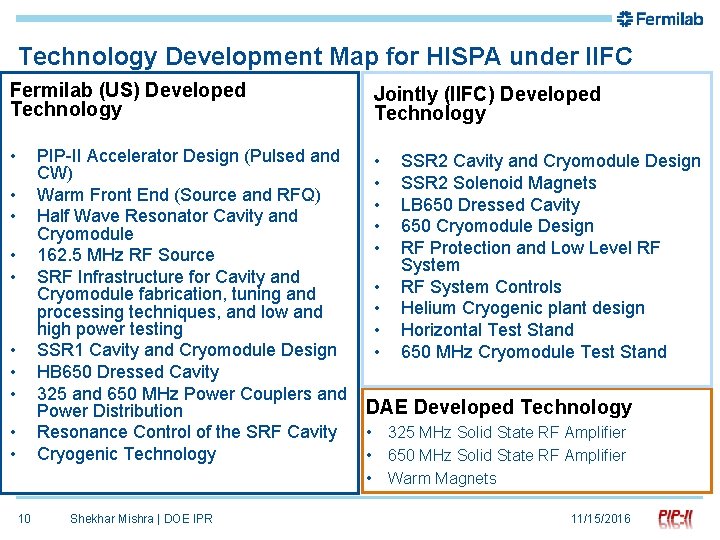 Technology Development Map for HISPA under IIFC Fermilab (US) Developed Technology Jointly (IIFC) Developed