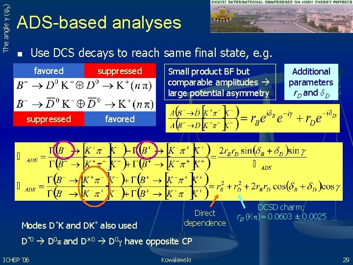 The angle γ (φ3) ADS-based analyses Use DCS decays to reach same final state,