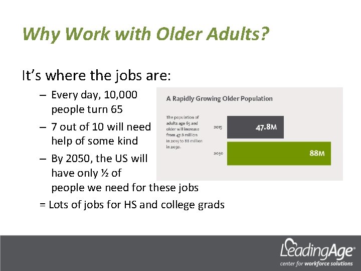 Why Work with Older Adults? It’s where the jobs are: – Every day, 10,