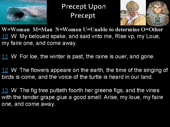 Precept Upon Precept W=Woman M=Man N=Women U=Unable to determine O=Other 10 W My beloued