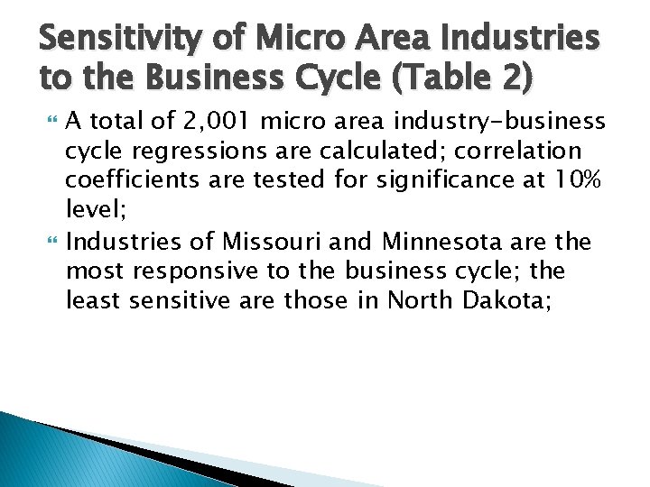 Sensitivity of Micro Area Industries to the Business Cycle (Table 2) A total of