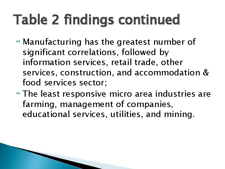 Table 2 findings continued Manufacturing has the greatest number of significant correlations, followed by