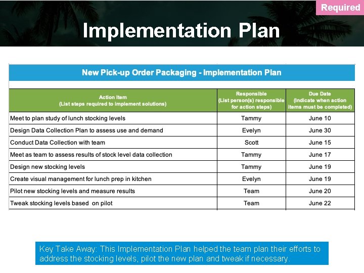 Required Implementation Plan Key Take Away: This Implementation Plan helped the team plan their