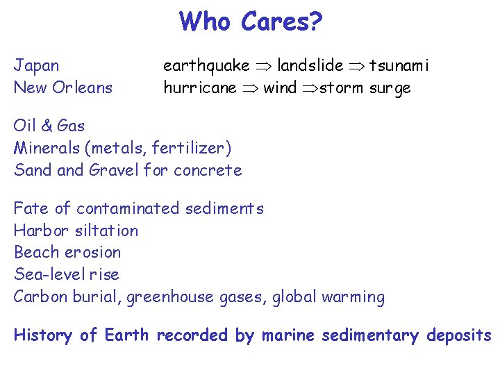 Who Cares? Japan New Orleans earthquake landslide tsunami hurricane wind storm surge Oil &