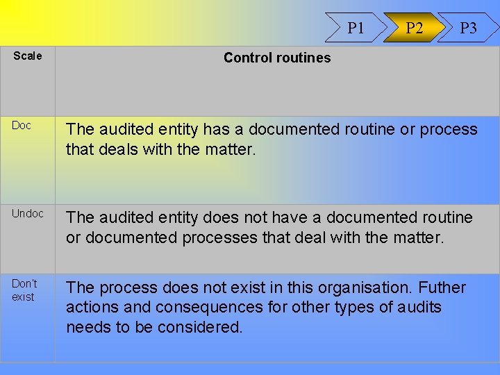 P 1 Scale P 2 P 3 Control routines Doc The audited entity has