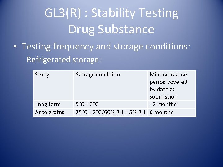 GL 3(R) : Stability Testing Drug Substance • Testing frequency and storage conditions: Refrigerated
