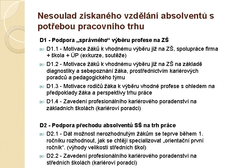 Nesoulad získaného vzdělání absolventů s potřebou pracovního trhu D 1 - Podpora „správného“ výběru