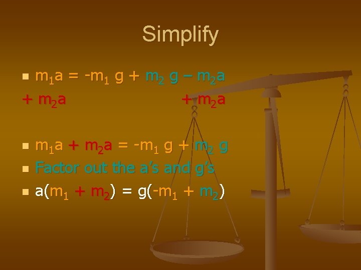 Simplify m 1 a = -m 1 g + m 2 g – m