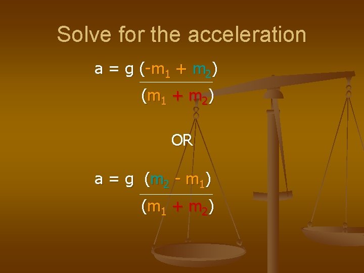 Solve for the acceleration a = g (-m 1 + m 2) ( m