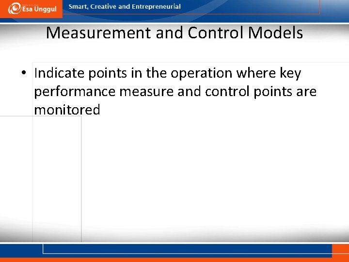 Measurement and Control Models • Indicate points in the operation where key performance measure