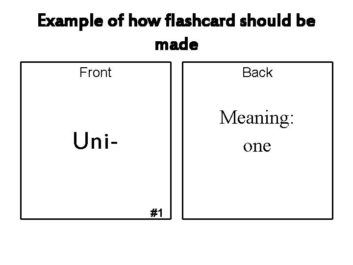 Example of how flashcard should be made Front Back Uni- Meaning: one #1 