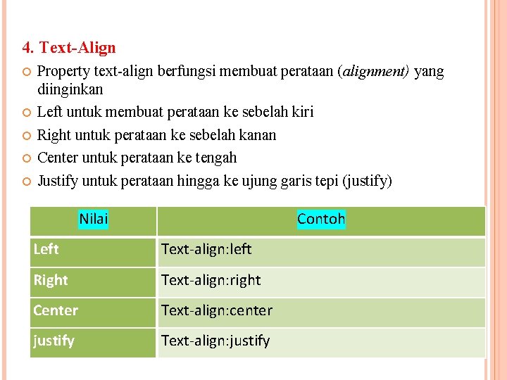 4. Text-Align Property text-align berfungsi membuat perataan (alignment) yang diinginkan Left untuk membuat perataan
