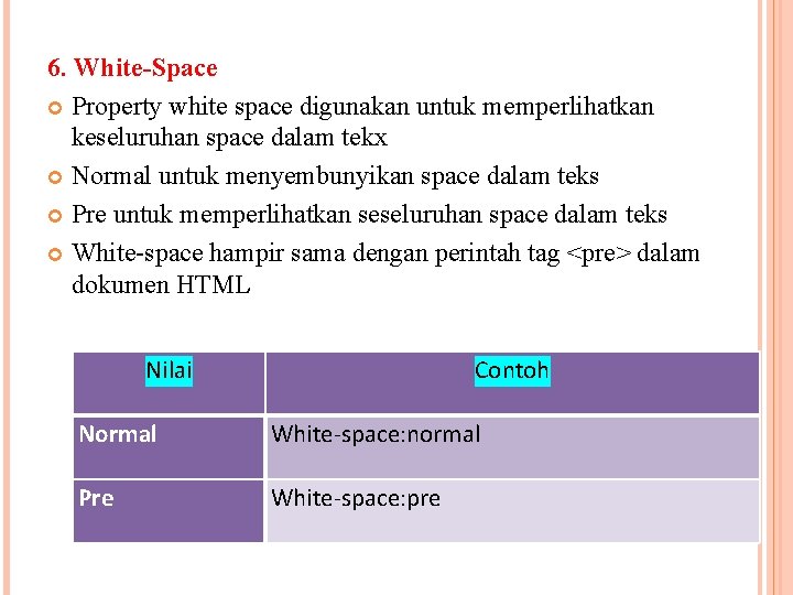 6. White-Space Property white space digunakan untuk memperlihatkan keseluruhan space dalam tekx Normal untuk