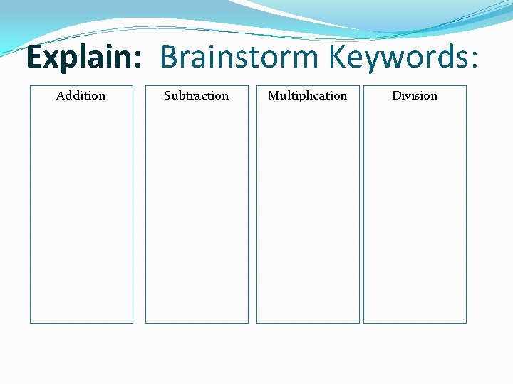 Explain: Brainstorm Keywords: Addition Subtraction Multiplication Division 