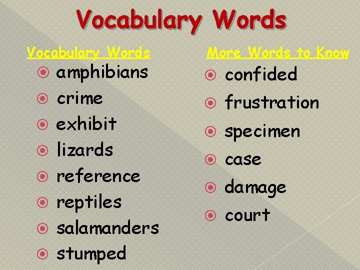Vocabulary Words amphibians crime exhibit lizards reference reptiles salamanders stumped More Words to Know