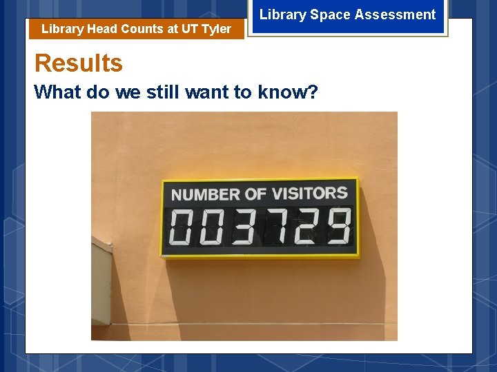 Library Head Counts at UT Tyler Library Space Assessment Results What do we still