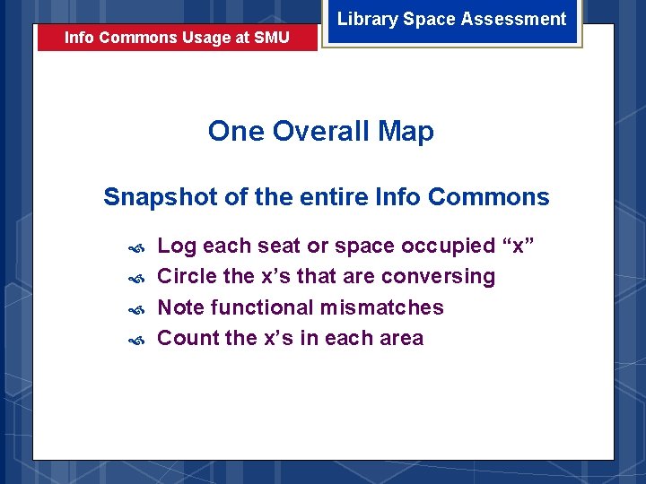 Info Commons Usage at SMU Library Space Assessment One Overall Map Snapshot of the