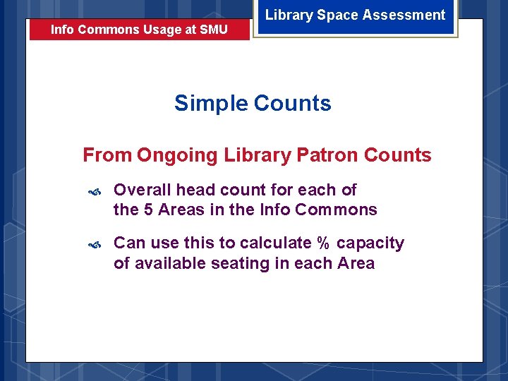 Info Commons Usage at SMU Library Space Assessment Simple Counts From Ongoing Library Patron