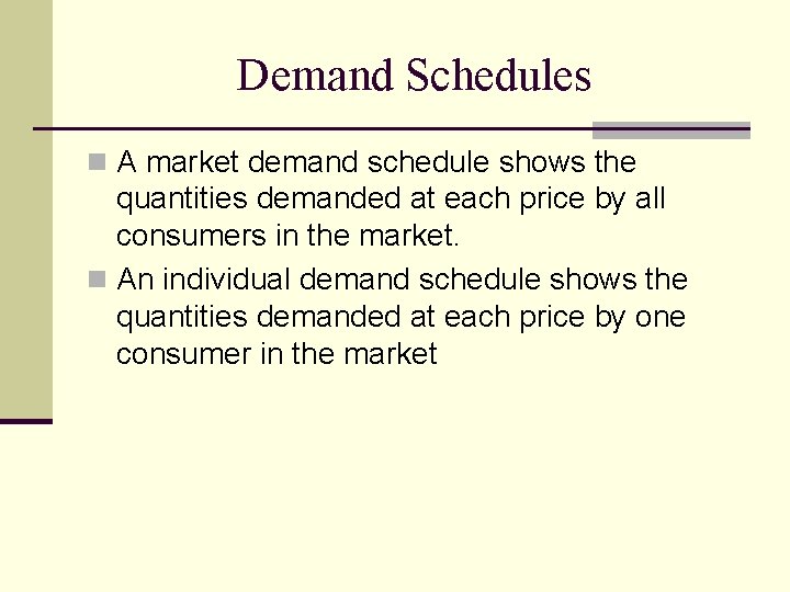 Demand Schedules n A market demand schedule shows the quantities demanded at each price