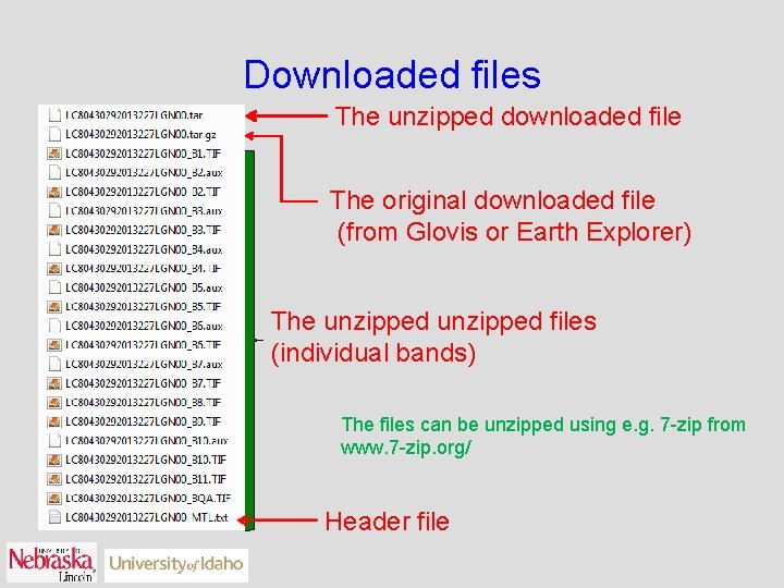 Downloaded files The unzipped downloaded file The original downloaded file (from Glovis or Earth