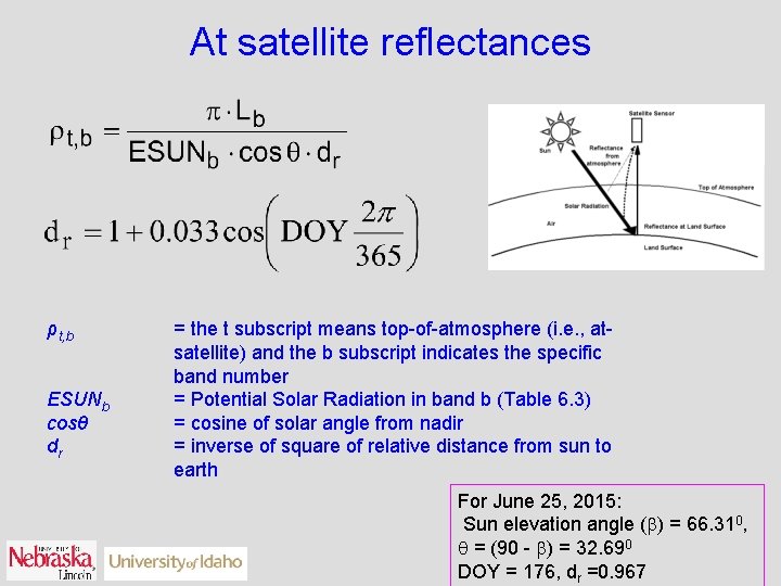 At satellite reflectances ρt, b ESUNb cosθ dr = the t subscript means top-of-atmosphere