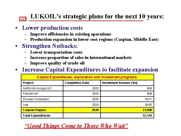 LUKOIL’s strategic plans for the next 10 years: • Lower production costs – Improve