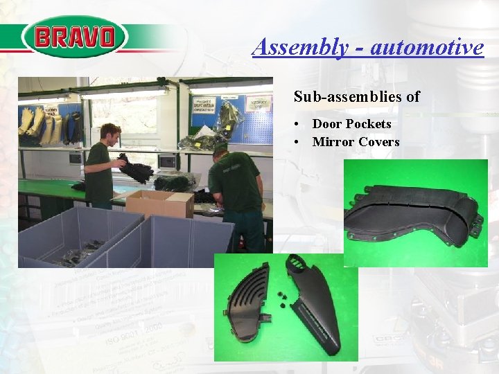 Assembly - automotive Sub-assemblies of • Door Pockets • Mirror Covers 