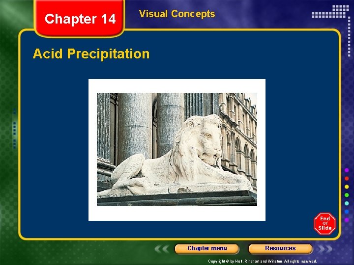 Chapter 14 Visual Concepts Acid Precipitation Chapter menu Resources Copyright © by Holt, Rinehart