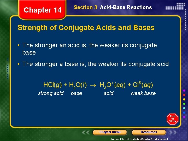 Chapter 14 Section 3 Acid-Base Reactions Strength of Conjugate Acids and Bases • The