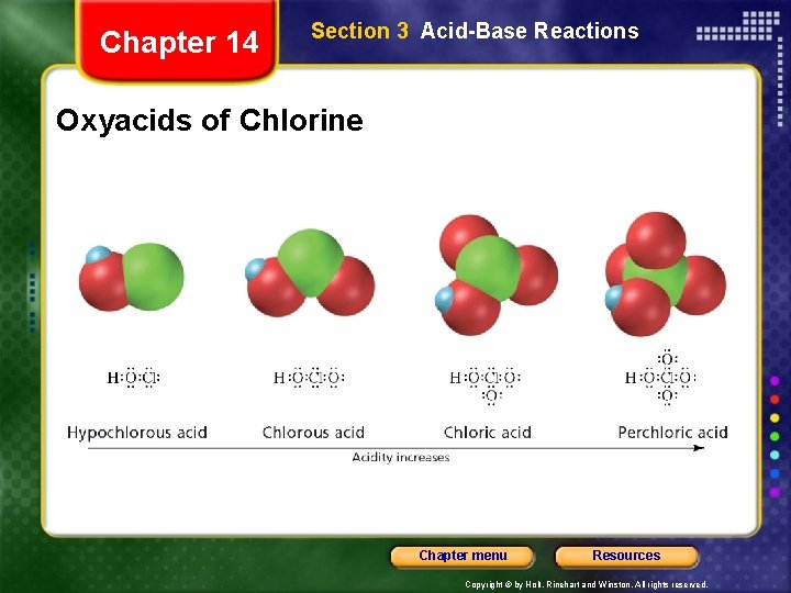 Chapter 14 Section 3 Acid-Base Reactions Oxyacids of Chlorine Chapter menu Resources Copyright ©