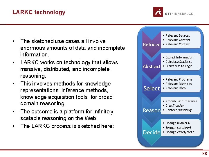LARKC technology • • • The sketched use cases all involve enormous amounts of