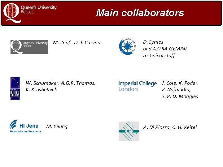Main collaborators M. Zepf, D. J. Corvan W. Schumaker, A. G. R. Thomas, K.