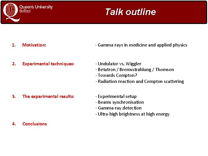 Talk outline 1. Motivation: - Gamma-rays in medicine and applied physics 2. Experimental techniques: