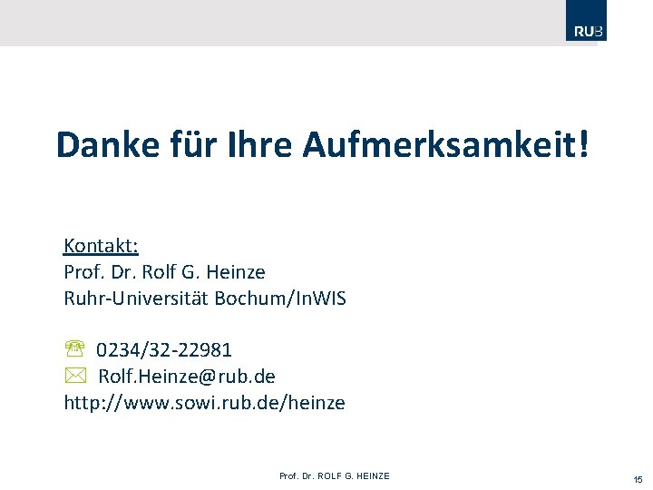 Danke für Ihre Aufmerksamkeit! Kontakt: Prof. Dr. Rolf G. Heinze Ruhr-Universität Bochum/In. WIS 0234/32