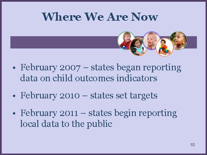 Where We Are Now • February 2007 – states began reporting data on child