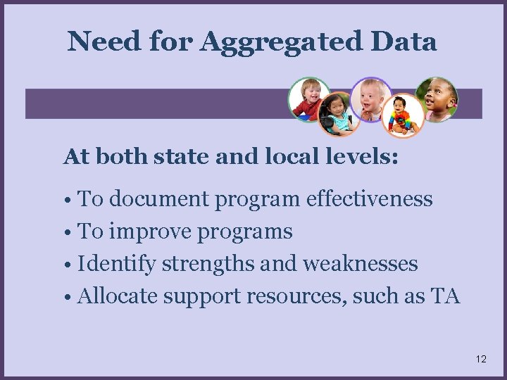 Need for Aggregated Data At both state and local levels: • To document program