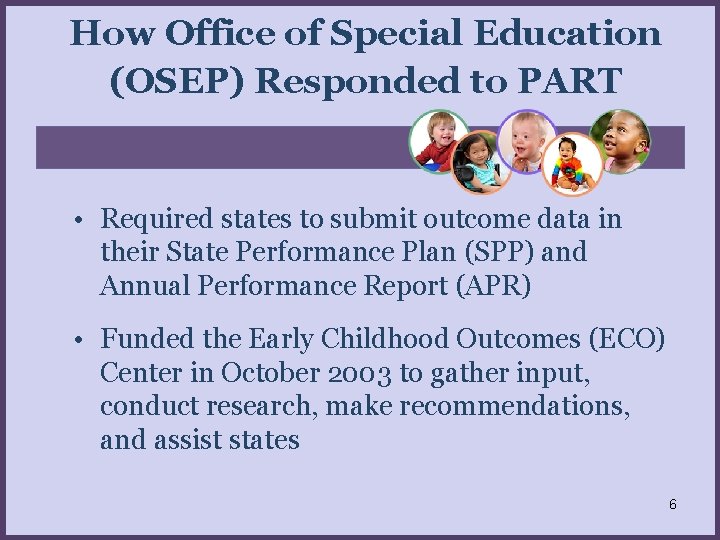 How Office of Special Education (OSEP) Responded to PART • Required states to submit