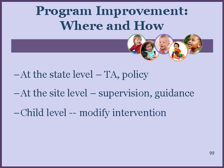 Program Improvement: Where and How – At the state level – TA, policy –