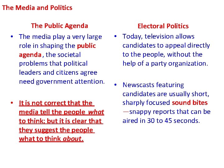 The Media and Politics The Public Agenda • The media play a very large