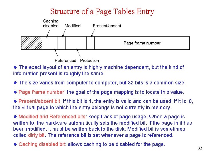 Structure of a Page Tables Entry l The exact layout of an entry is