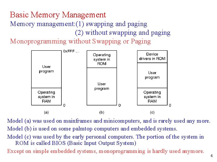 Basic Memory Management Memory management: (1) swapping and paging (2) without swapping and paging