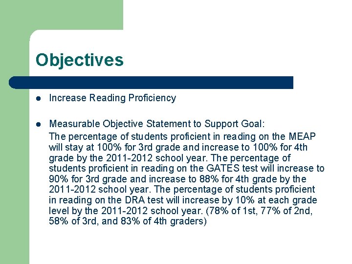 Objectives l Increase Reading Proficiency l Measurable Objective Statement to Support Goal: The percentage