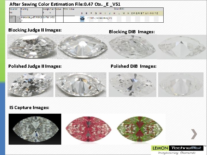 After Sawing Color Estimation File: 0. 47 Cts. _E _ _VS 1 Blocking Judge