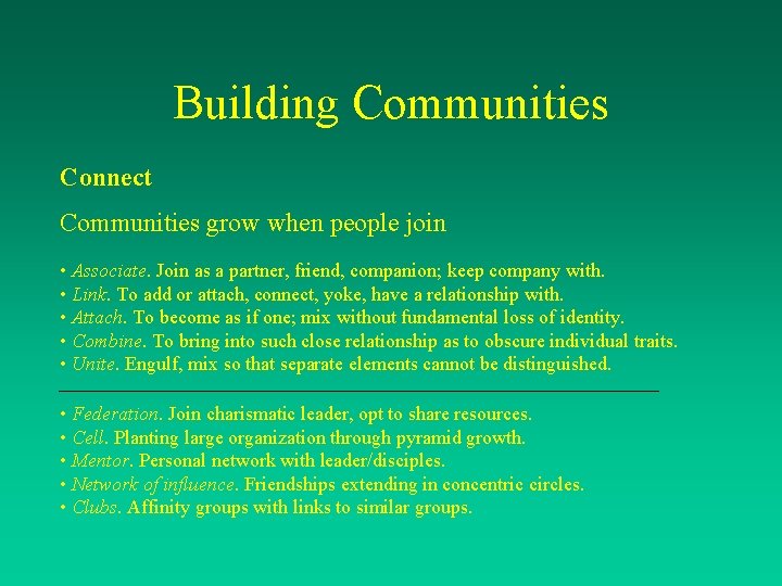 Building Communities Connect Communities grow when people join • Associate. Join as a partner,
